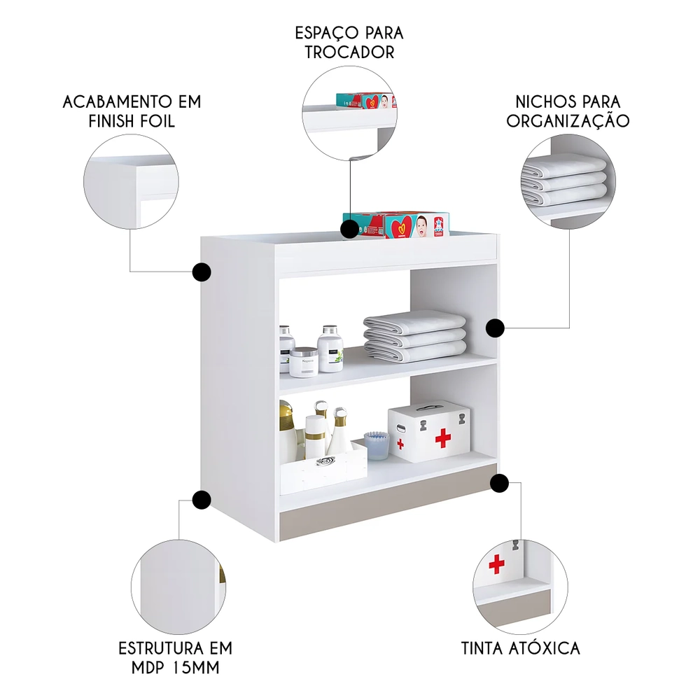 Trocador Bebê Fraldário com 1 Prateleira Juno Branco A05   - Mpozenato 