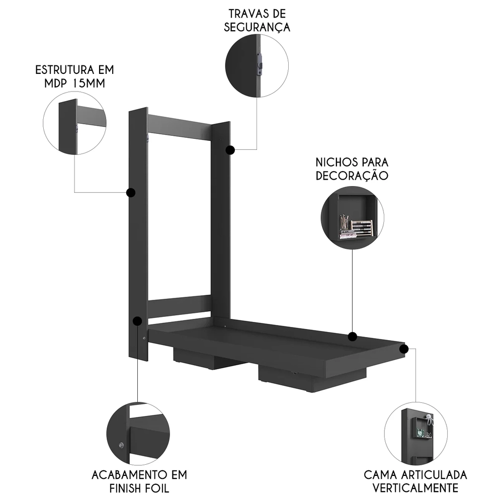 Cama Solteiro Infantil Articulação Vertical Hapi Grafite A05 - Mpozenato 