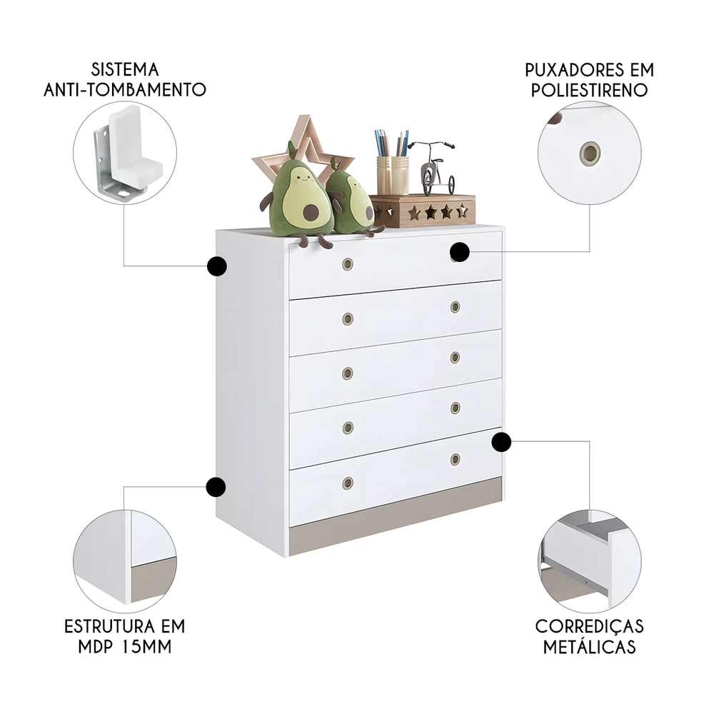 Cômoda Para Quarto Infantil com 5 Gavetas Juno Branco A05  - Mpozenato 