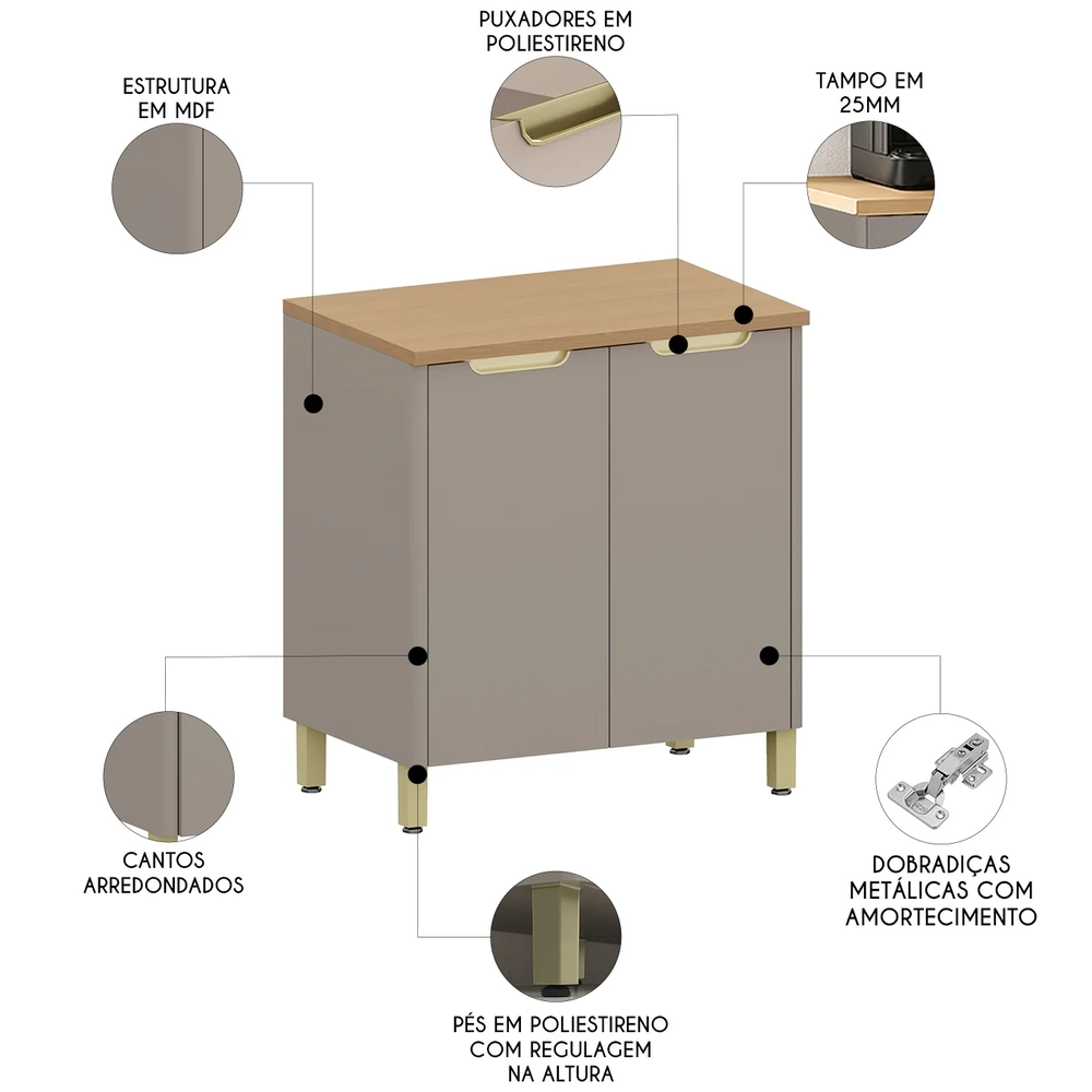 Balcão de Cozinha Com Tampo 80cm 2 Portas Marina Cinammon L01 - Mpozenato