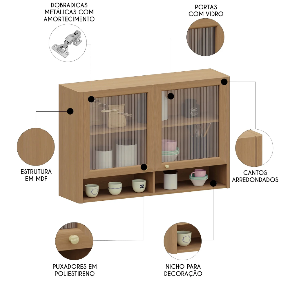 Armário de Cozinha 120cm 2 Portas Com Vidro Marina Freijó L01 - Mpozenato