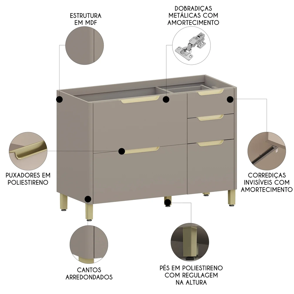 Balcão de Cozinha Para Pia 120cm 2 Portas Marina Cinammon L01 - Mpozenato