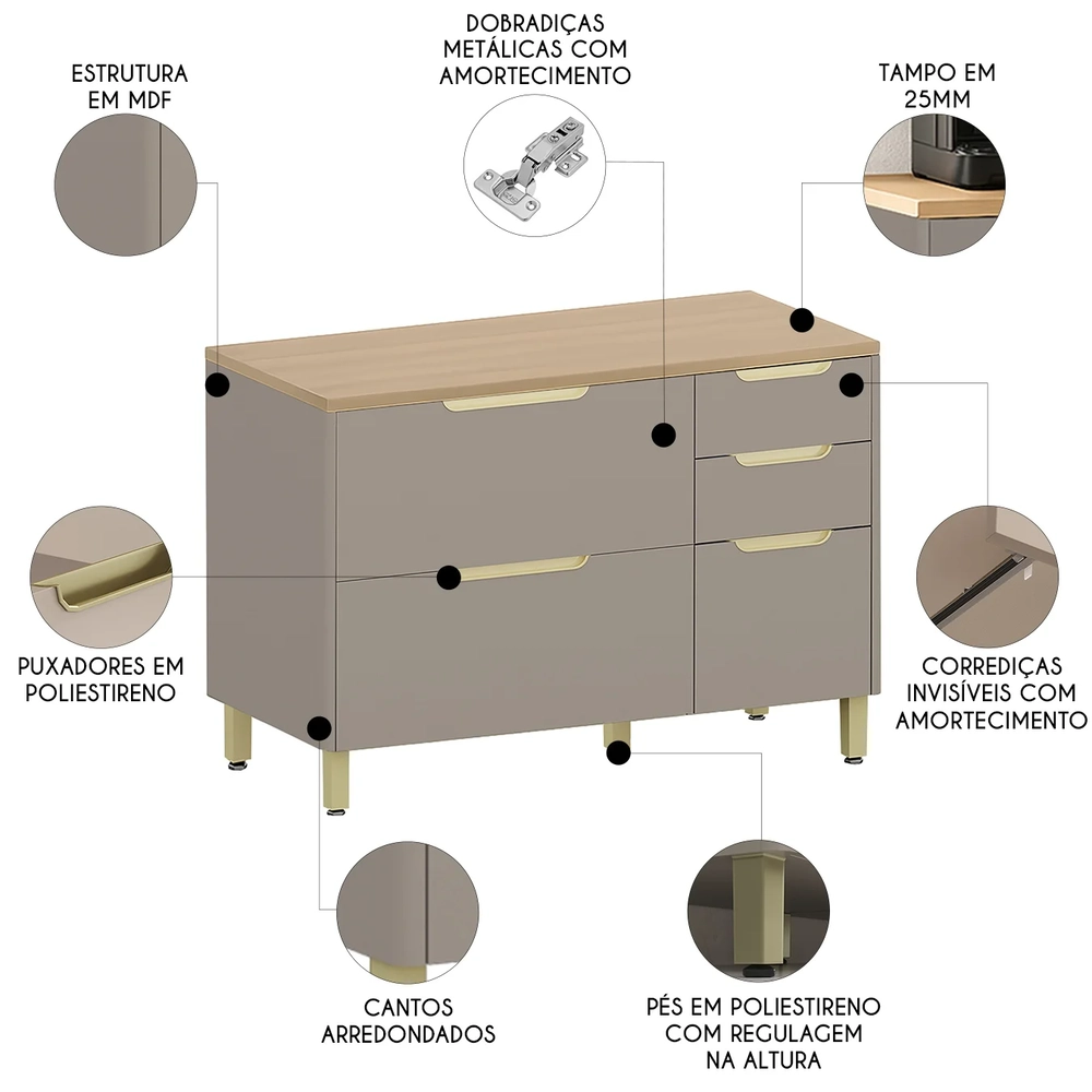 Balcão de Cozinha Com Tampo 120cm Marina Cinammon/Freijó L01 - Mpozenato