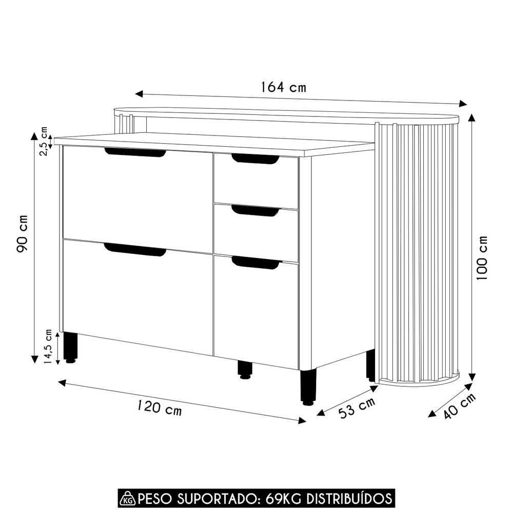 Balcão de Cozinha Tampo e Ilha 164cm Marina Cinammon/Freijó L01 - Mpozenato