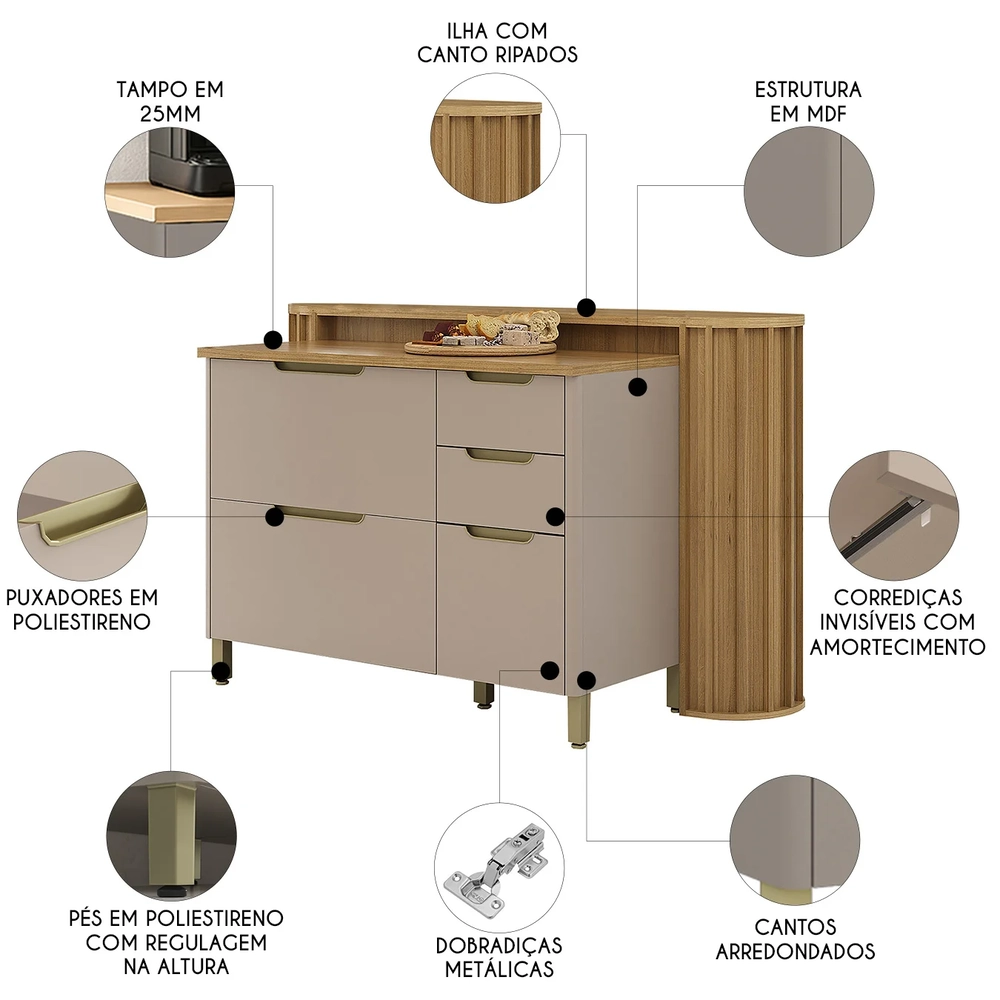 Balcão de Cozinha Tampo e Ilha 164cm Marina Cinammon/Freijó L01 - Mpozenato