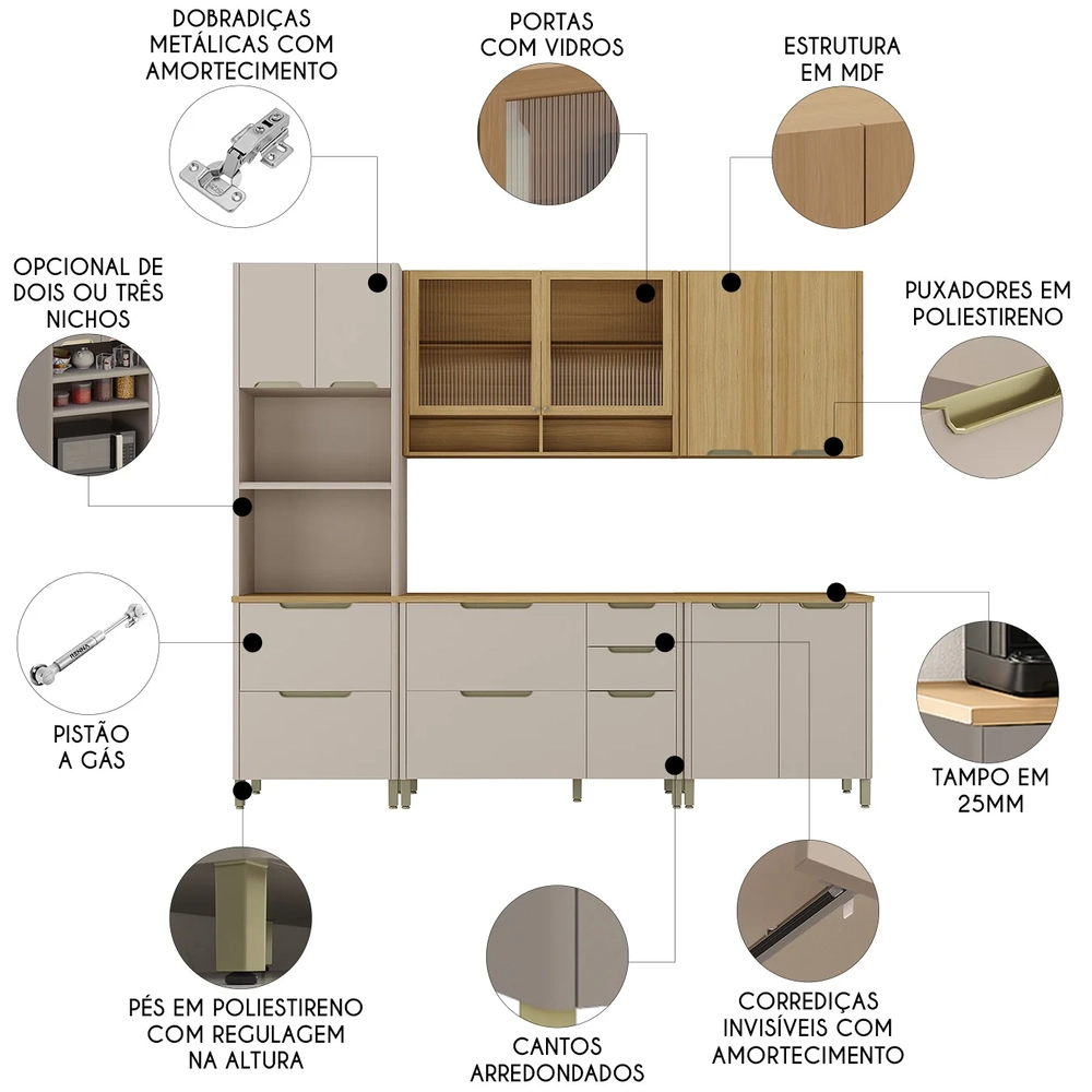 Armário Cozinha 5 Peças CP01 e Tampo Marina Cinammon/Freijó L01 - Mpozenato