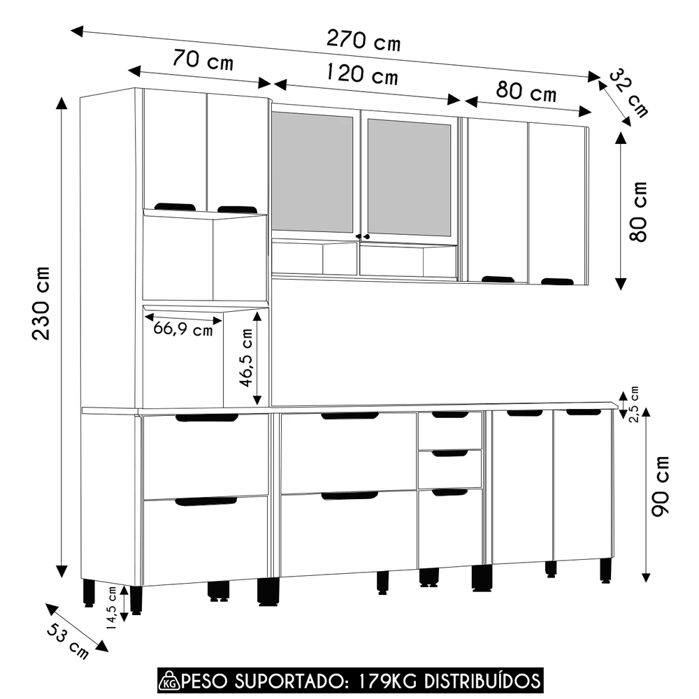 Armário Cozinha 6 Peças CP01 e Ilha Marina Cinammon/Freijó L01 - Mpozenato