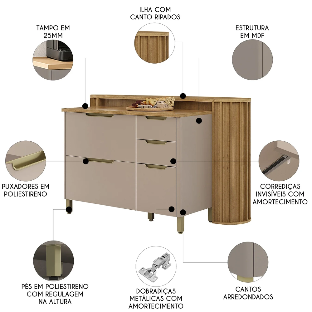 Armário Cozinha 6 Peças CP01 e Ilha Marina Cinammon/Freijó L01 - Mpozenato