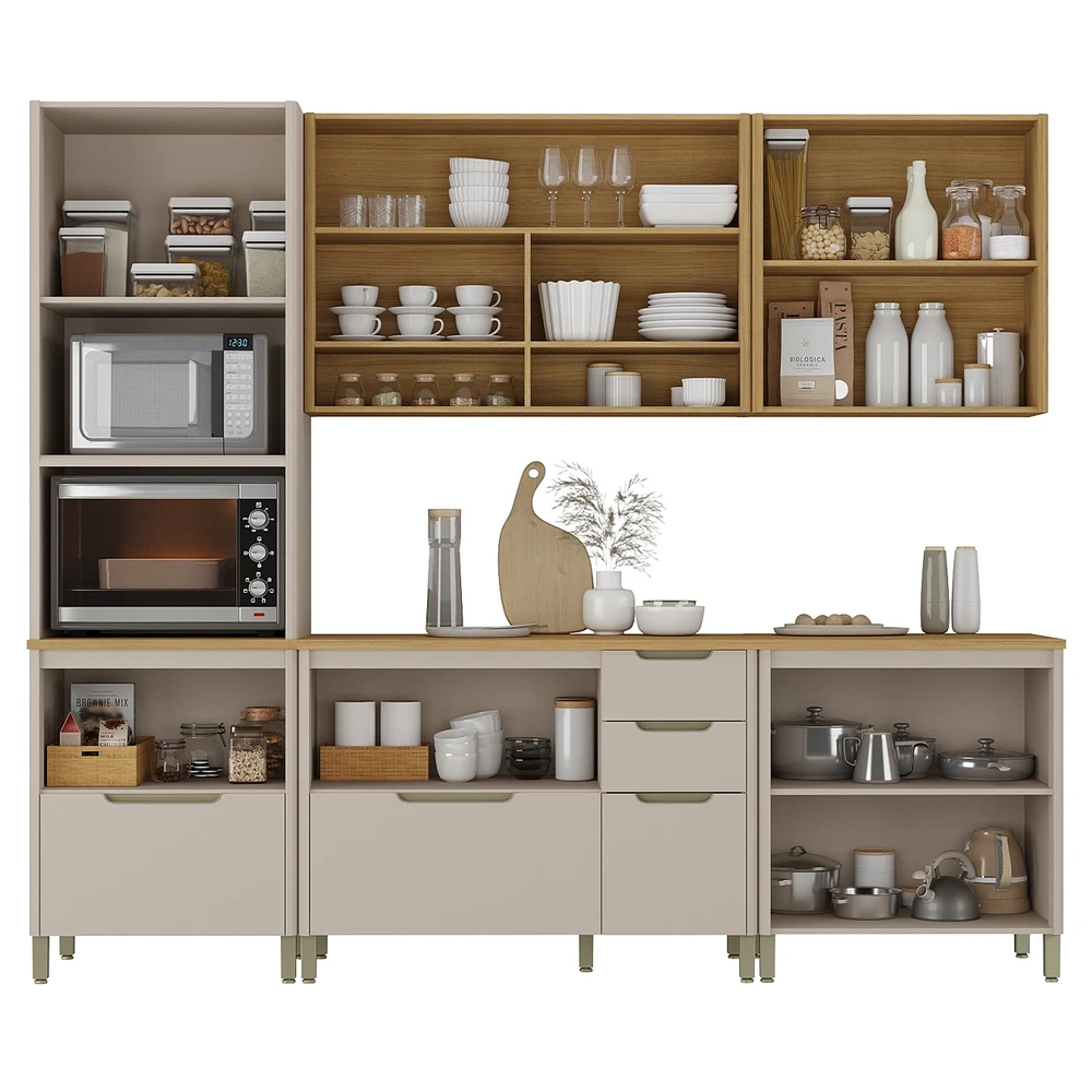 Armário Cozinha 6 Peças CP01 e Ilha Marina Cinammon/Freijó L01 - Mpozenato