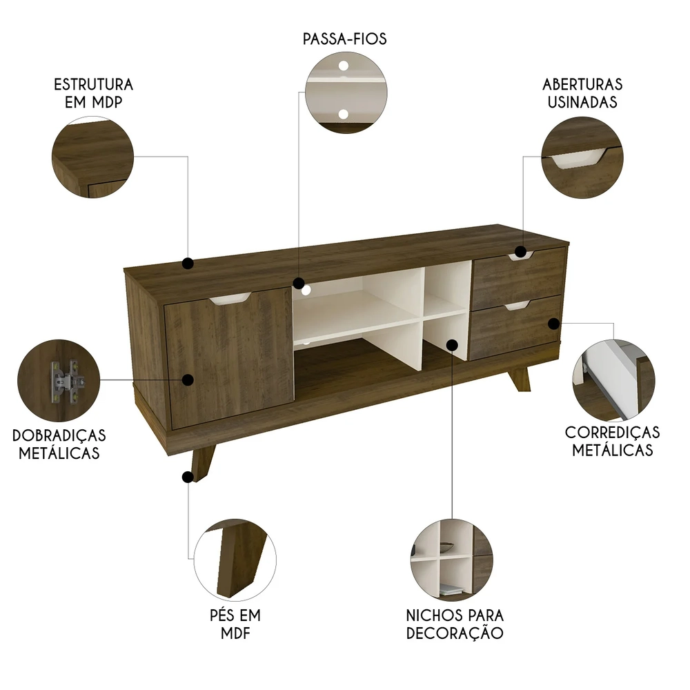 Rack Tv 65 Pol 160cm com 1 Porta Jaina Pinho/Off White A09 - Mpozenato 