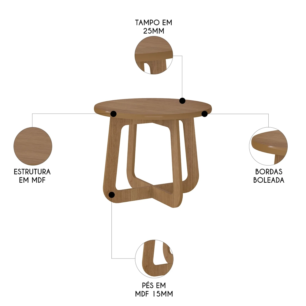 Mesa Centro Redonda 65cm Para Sala MDF Rexxar Cinamomo A09  - Mpozenato