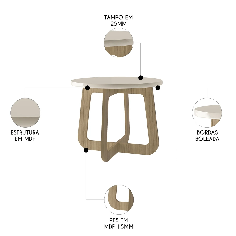 Mesa Centro Redonda 65cm Para Sala MDF Rexxar Off/Carvalho A09 - Mpozenato