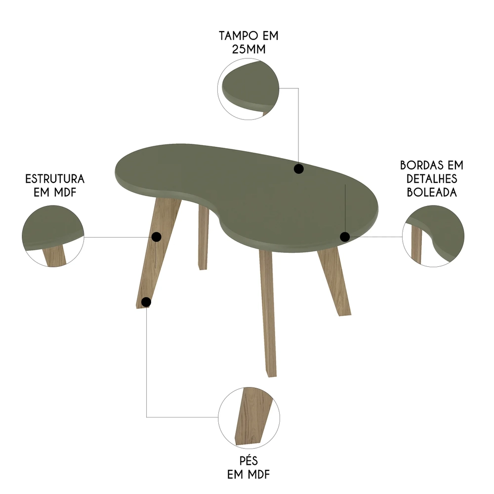 Mesa de Centro Orgânica 90cm Para Sala Cassia Menta A09     - Mpozenato