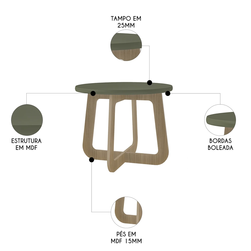 Mesa Centro Redonda 65cm Para Sala MDF Rexxar Menta/Carvalho A09 - Mpozenato