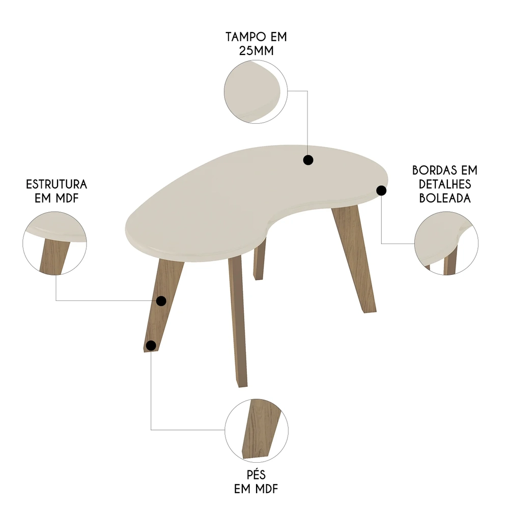 Mesa de Centro Orgânica 90cm Para Sala Cassia Off White A09 - Mpozenato