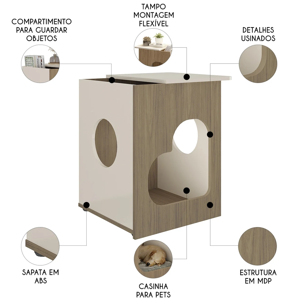 Mesa de Canto Lateral 52cm Para Pet Bob Carvalho/Off White A09 - Mpozenato