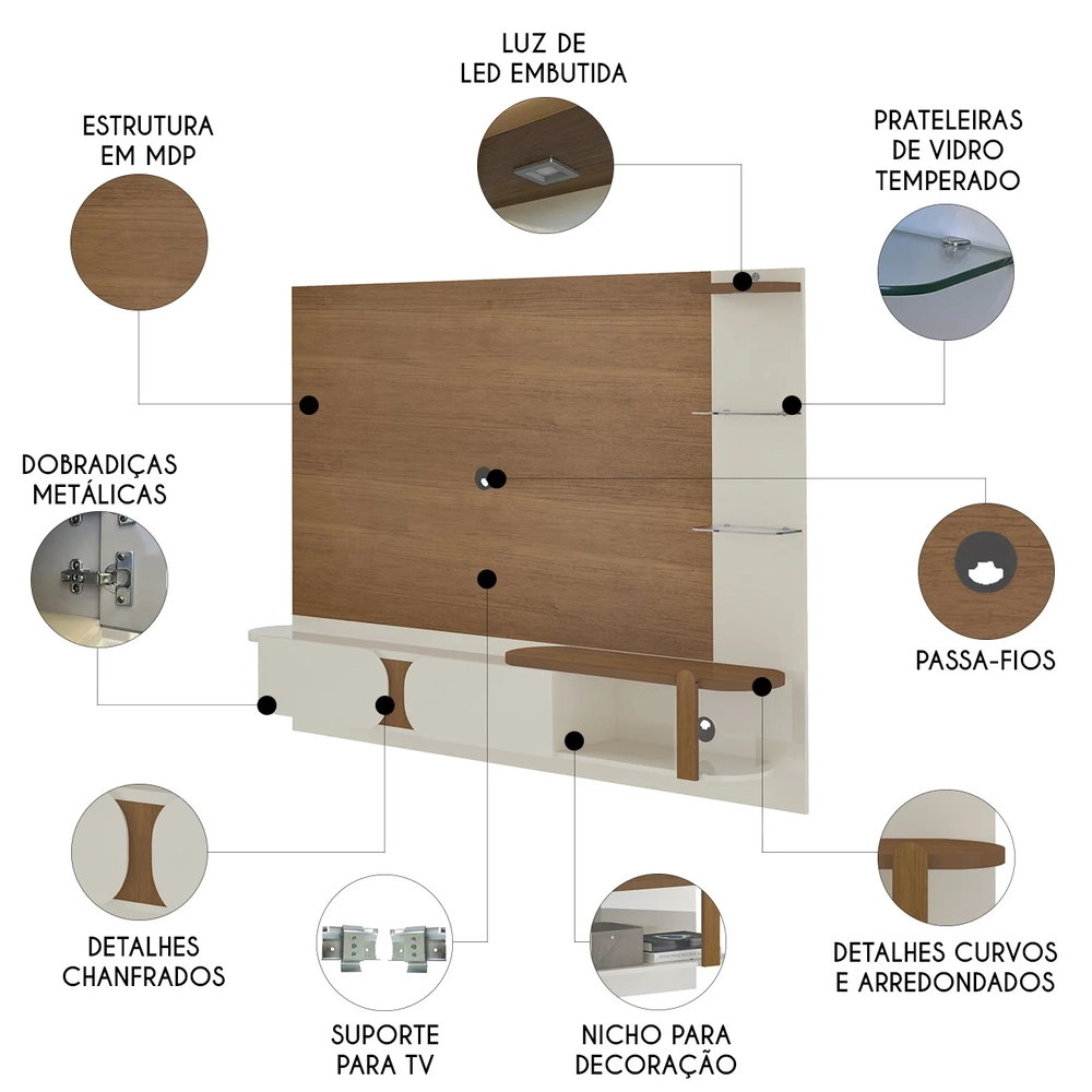 Painel Tv 72 Pol 220cm Suspenso Reno Cinamomo/Off White A09 - Mpozenato 