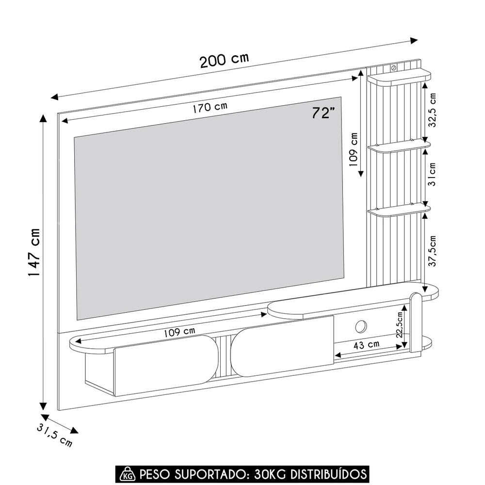 Painel Tv 72 Pol 220cm Suspenso Reno Pinho/Off White A09   - Mpozenato 
