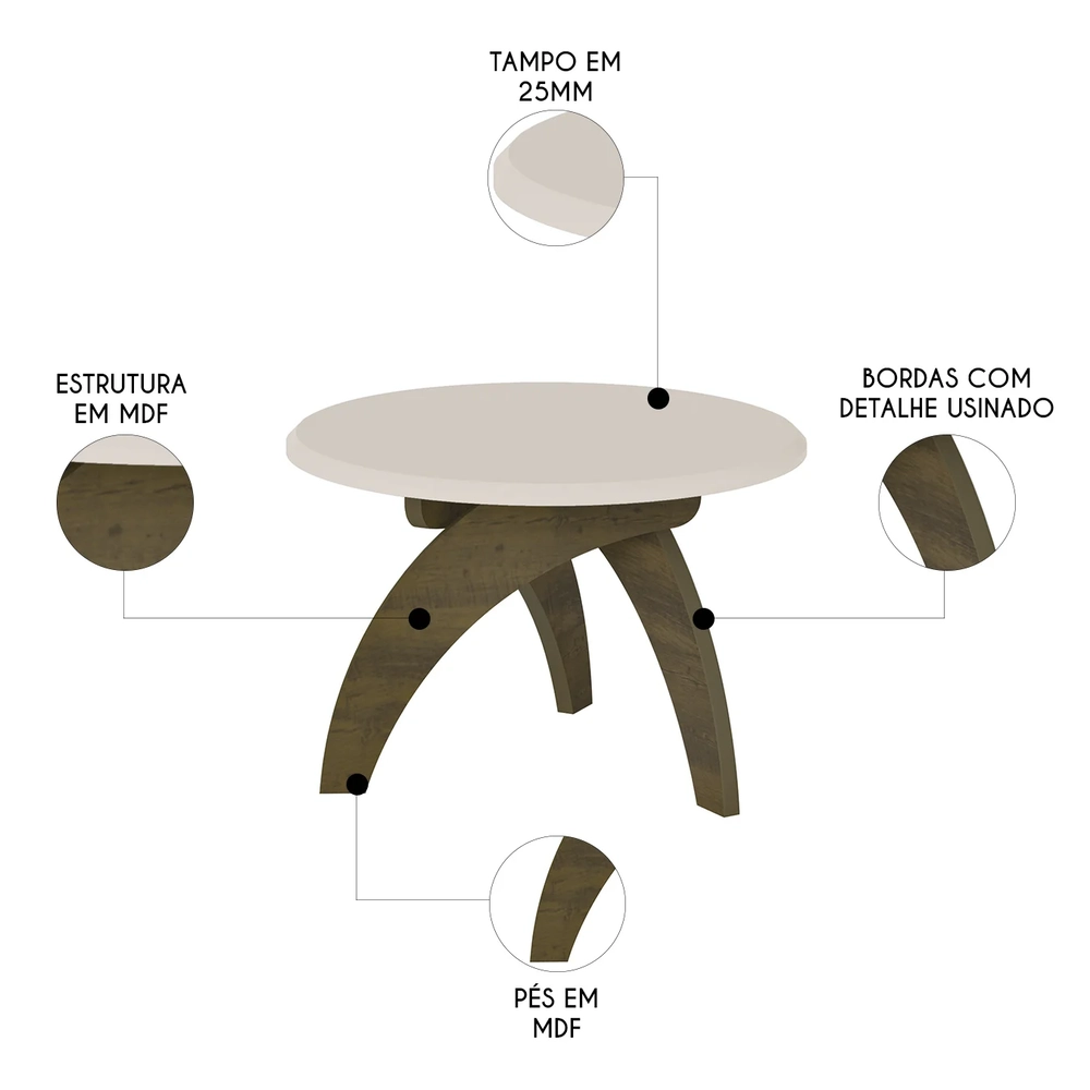 Mesa Centro Redonda 70cm Para Sala MDF Leeroy Off/Pinho A09 - Mpozenato