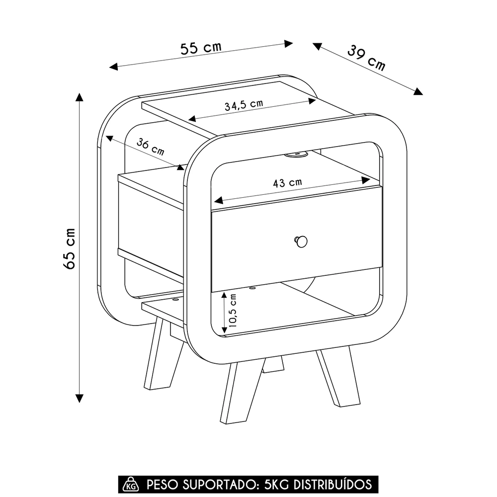Mesa de Canto Lateral 55cm Para Quarto Nora Off/Pinho A09   - Mpozenato