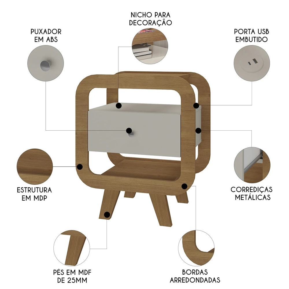 Mesa de Canto Lateral 55cm Para Quarto Nora Off/Pinho A09   - Mpozenato
