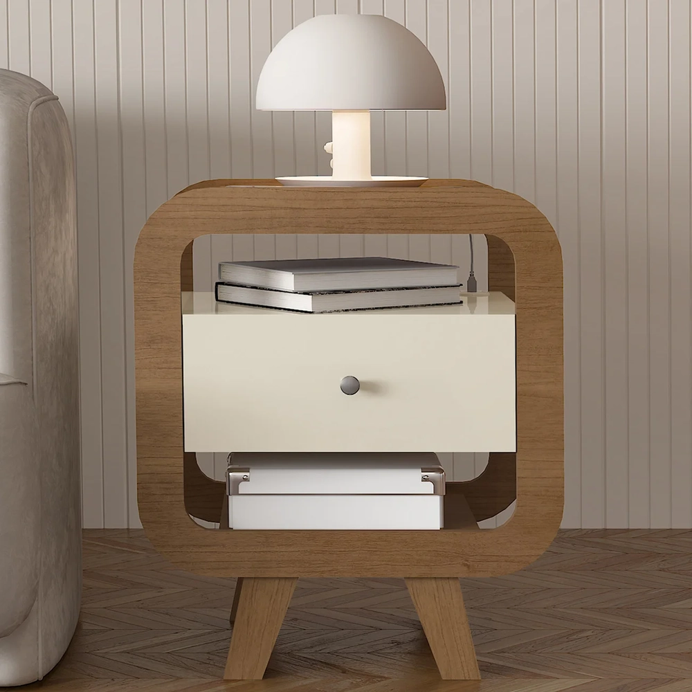 Mesa de Canto Lateral 55cm Para Quarto Nora Off/Pinho A09   - Mpozenato