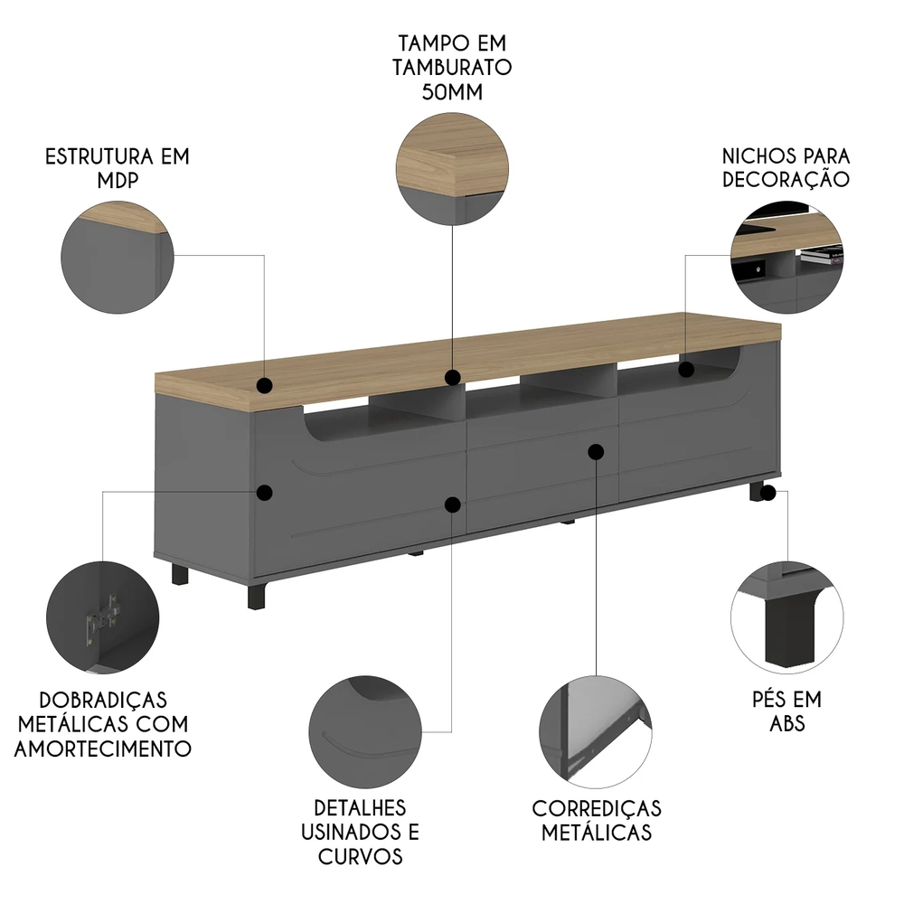 Rack Tv 75 Pol 200cm com 2 Portas Abel Carvalho/Grafite A09 - Mpozenato 