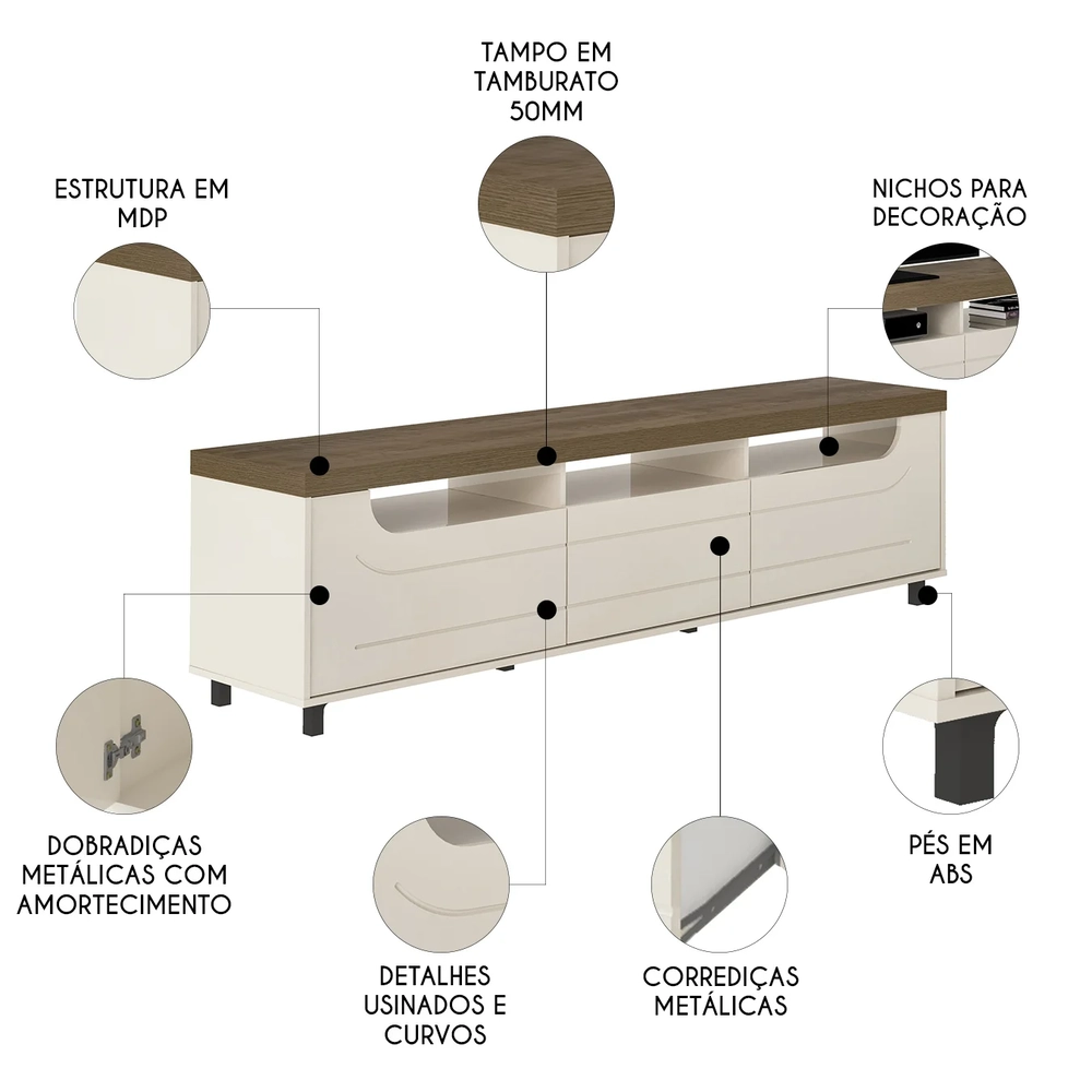 Rack Tv 75 Pol 200cm com 2 Portas Abel Pinho/Off White A09 - Mpozenato 