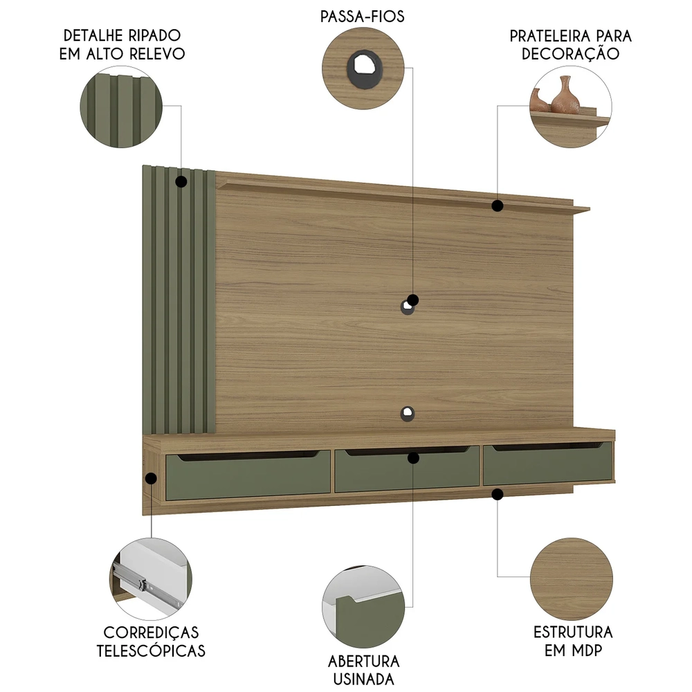 Painel Tv 75 Pol e Bancada Suspensa Vale Carvalho/Menta A09 - Mpozenato 