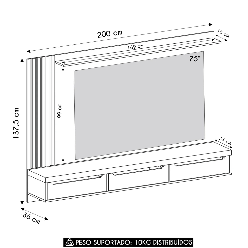 Painel Tv 75 Pol e Bancada Suspensa Vale Cinamomo/Off A09  - Mpozenato 