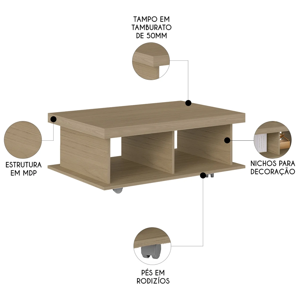 Mesa de Centro 90cm Para Sala Tamburato 50mm Kael Carvalho A09 - Mpozenato