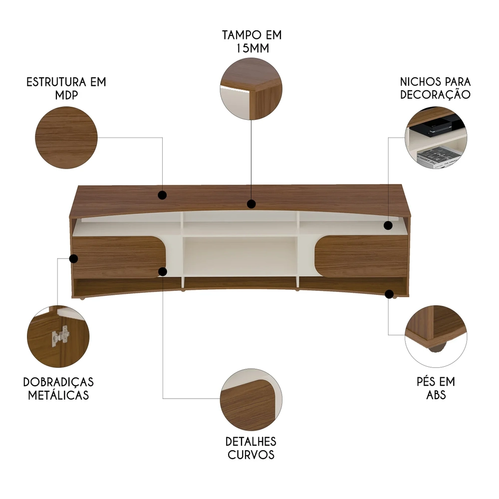 Rack Tv 86 Pol 220cm com 2 Portas Reno Cedro/Off White A09 - Mpozenato 