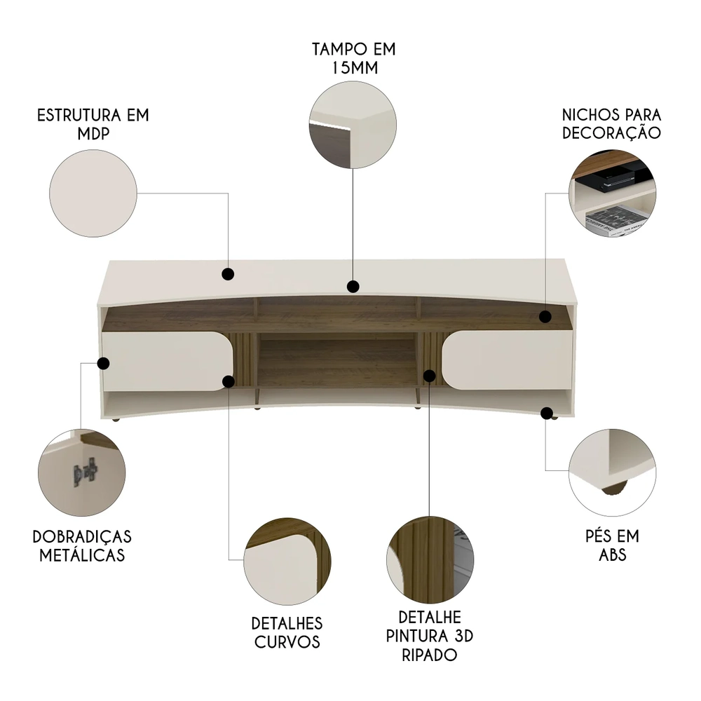 Rack Tv 86 Pol 220cm com 2 Portas Reno Off White/Pinho A09 - Mpozenato 