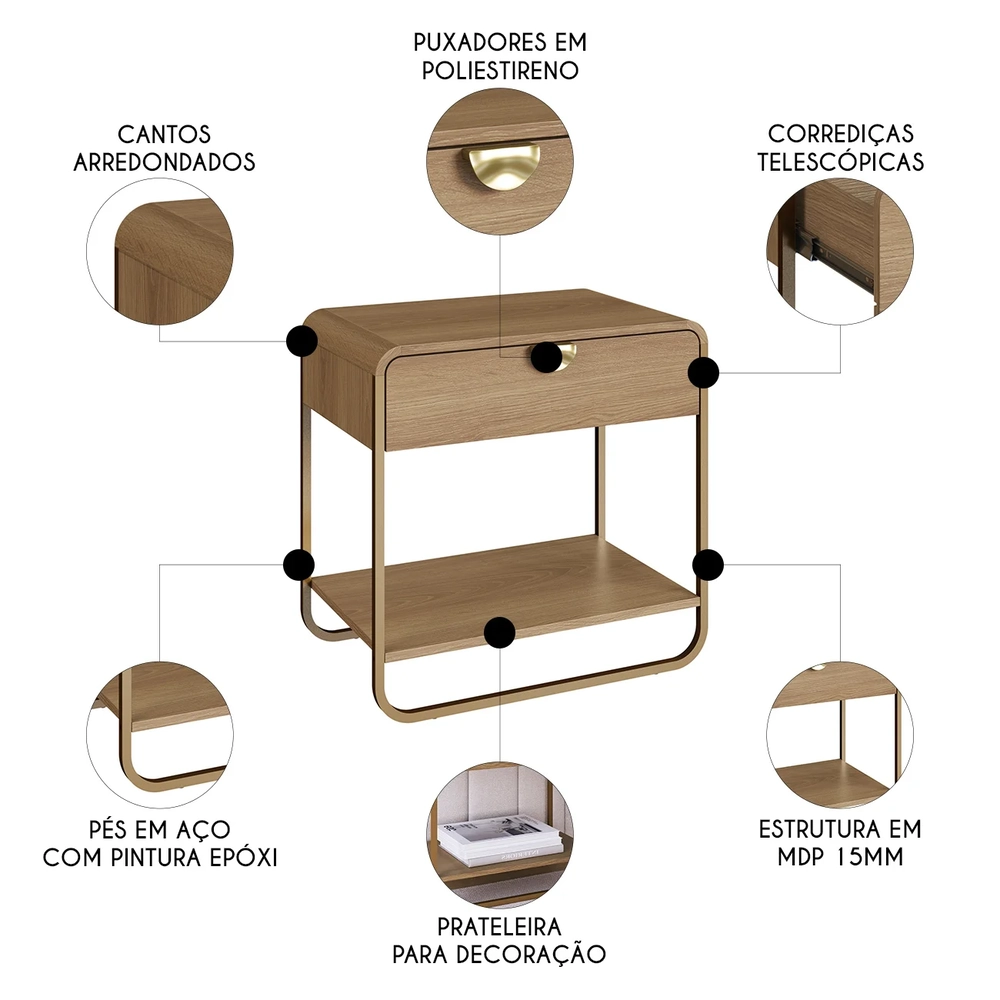 Mesa de Cabeceira Quarto 60cm 1 Gaveta Mario Hanover/Dourado A10 - Mpozenato