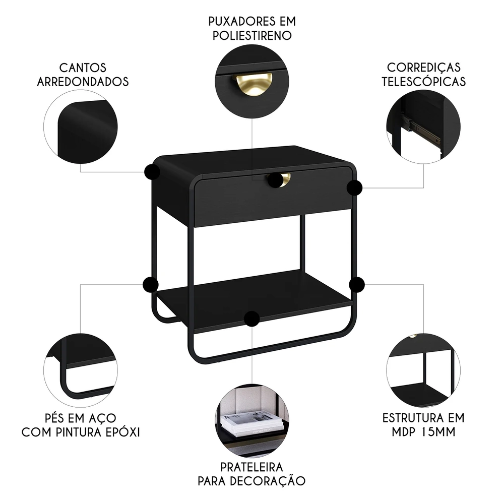 Mesa de Cabeceira Quarto 60cm 1 Gaveta Mario Nero/Preto A10 - Mpozenato