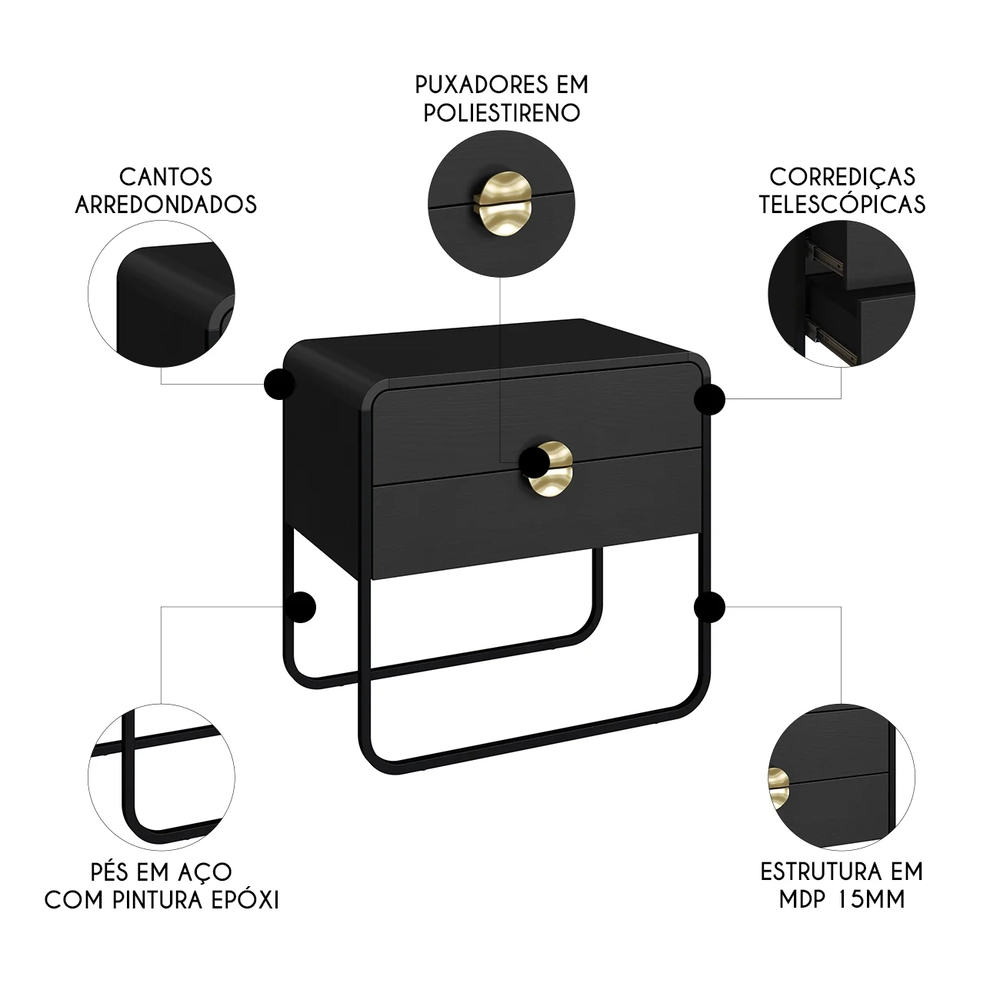 Mesa de Cabeceira Quarto 60cm 2 Gavetas Mario Nero/Preto A10 - Mpozenato