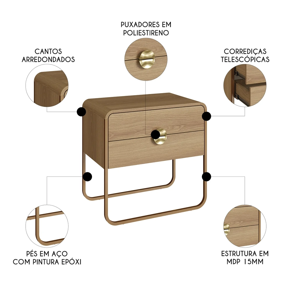 Mesa de Cabeceira Quarto 60cm 2 Gavetas Mario Hanover/Dourado A10 - Mpozenato