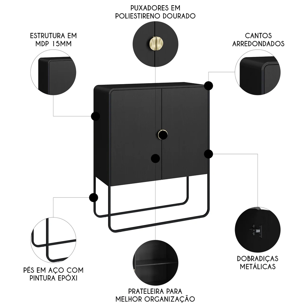Balcão de Cozinha 90cm com 2 Portas Mario Nero/Preto A10    - Mpozenato