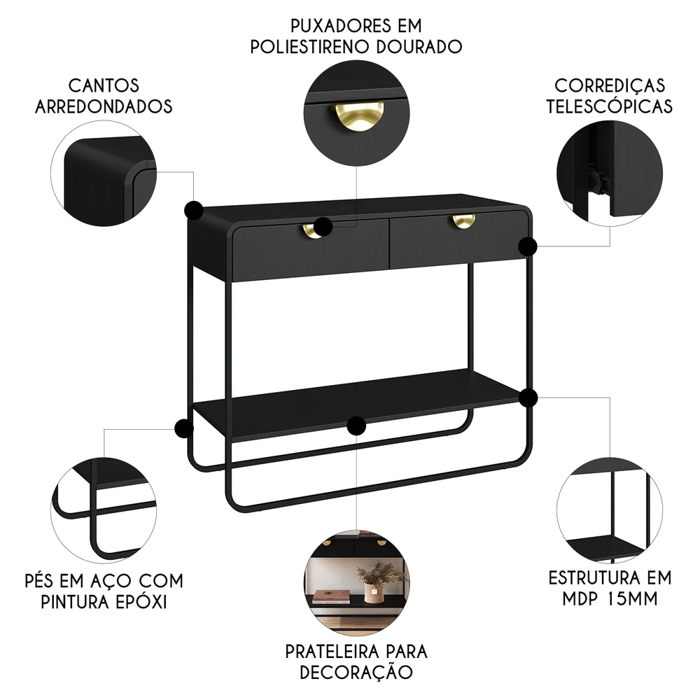 Aparador Sala de Estar 100cm 2 Gavetas Mario Nero/Preto A10 - Mpozenato