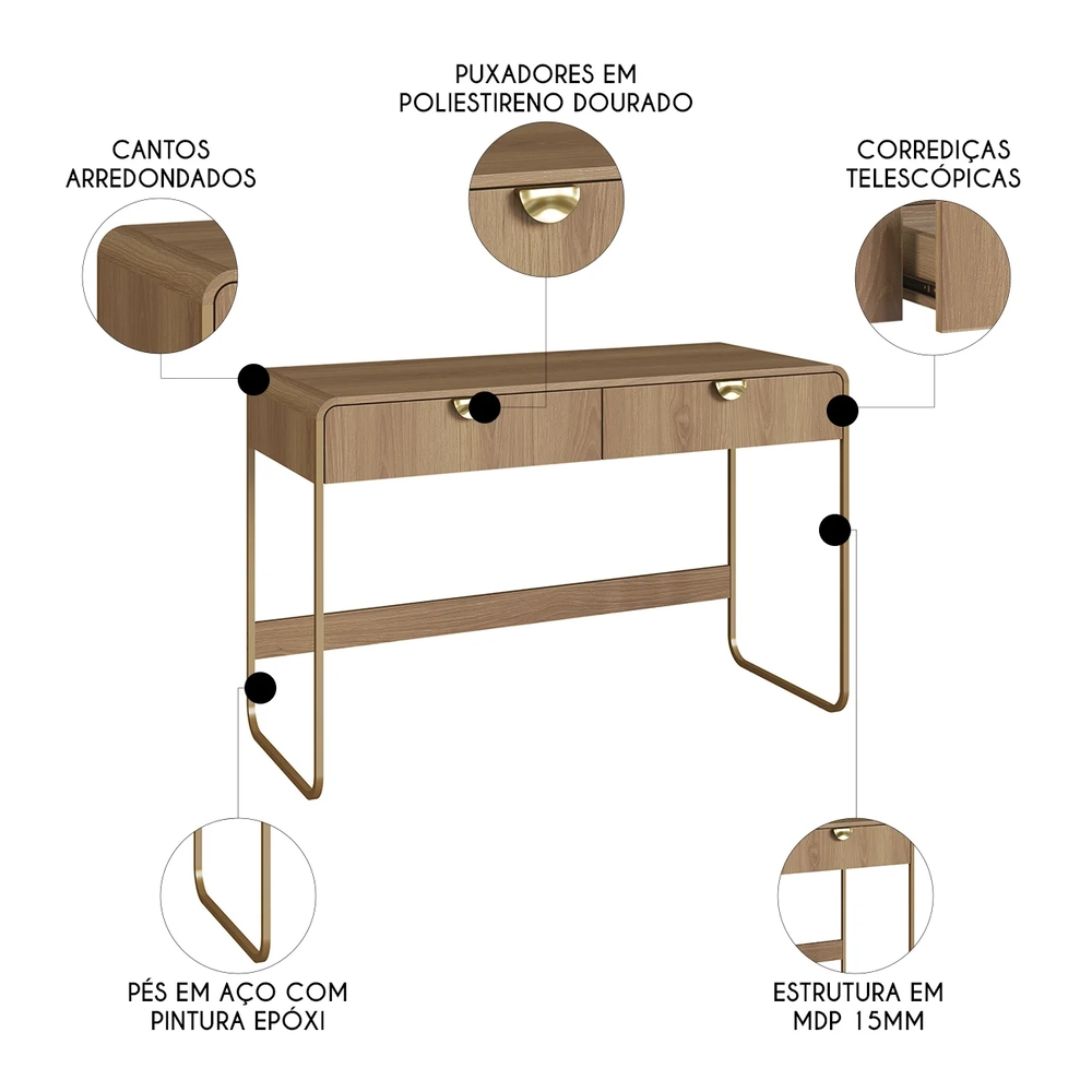 Escrivaninha Mesa com 2 Gavetas 125cm Mario Hanover/Dourado A10 - Mpozenato