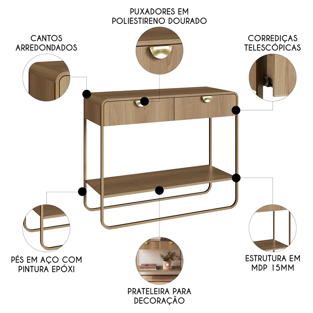 Aparador Sala de Estar 100cm 2 Gavetas Mario Hanover/Dourado A10 - Mpozenato