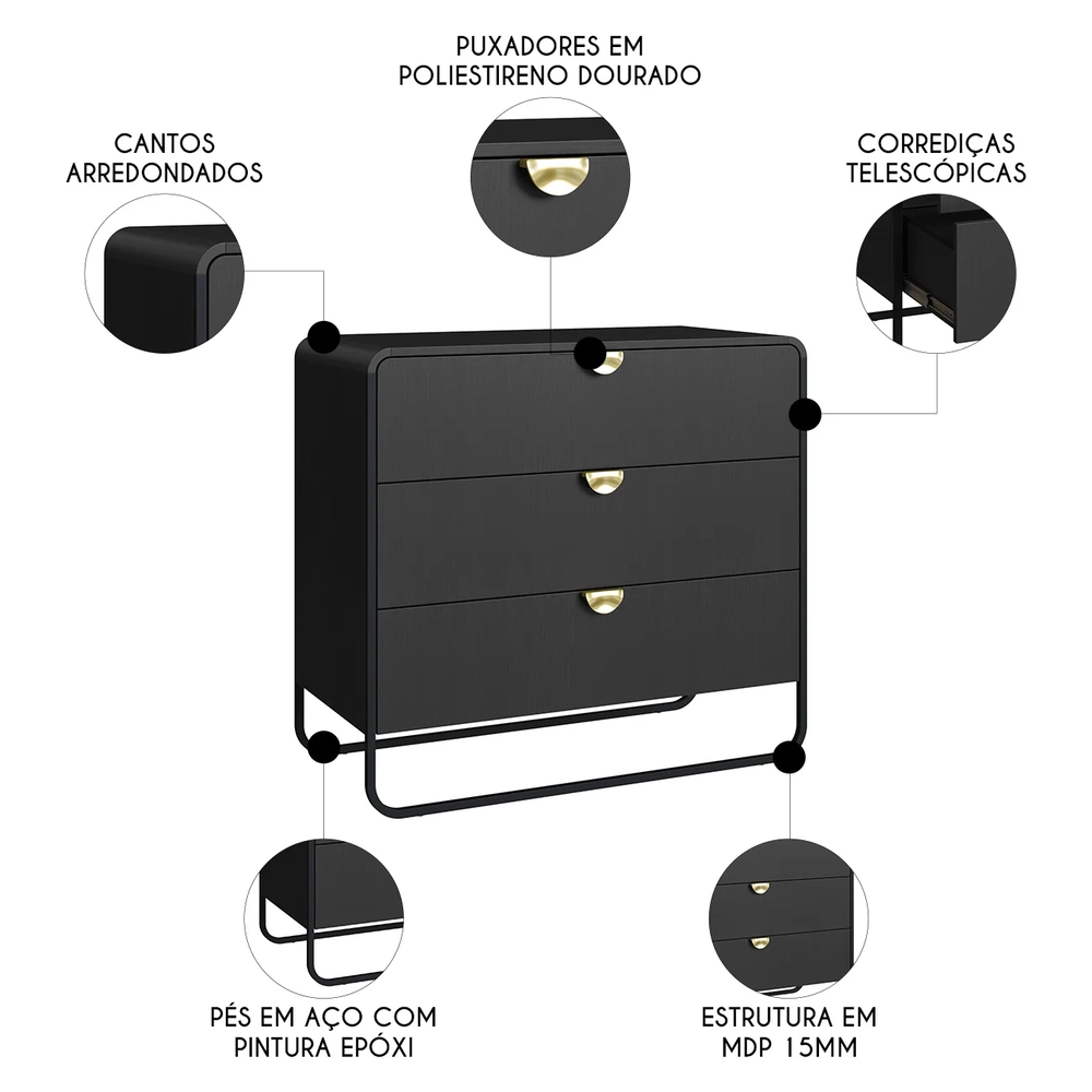 Cômoda Quarto Solteiro 90cm 3 Gavetas Mario Nero/Preto A10  - Mpozenato