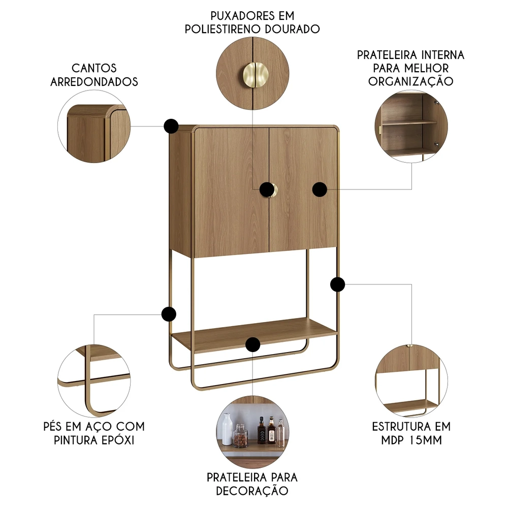 Balcão Aparador Bar 90cm com 2 Portas Mario Hanover/Dourado A10 - Mpozenato
