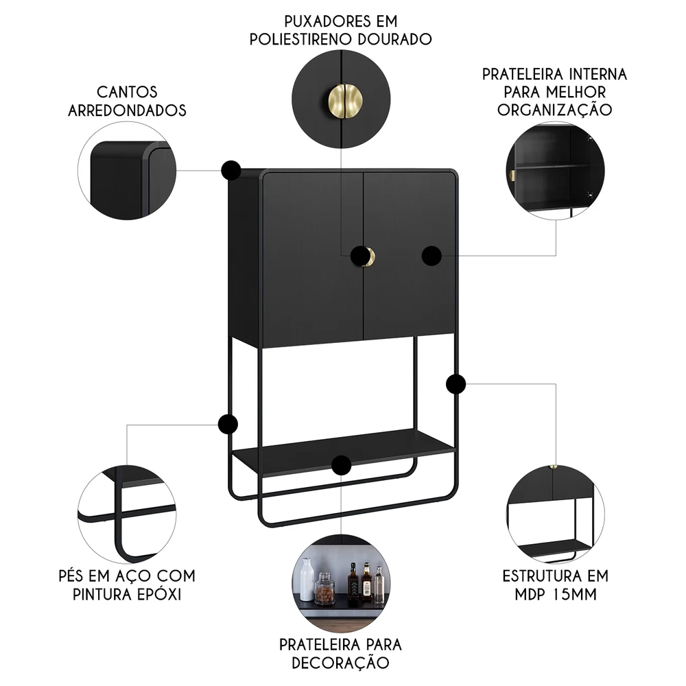 Balcão Aparador Bar 90cm com 2 Portas Mario Nero/Preto A10  - Mpozenato