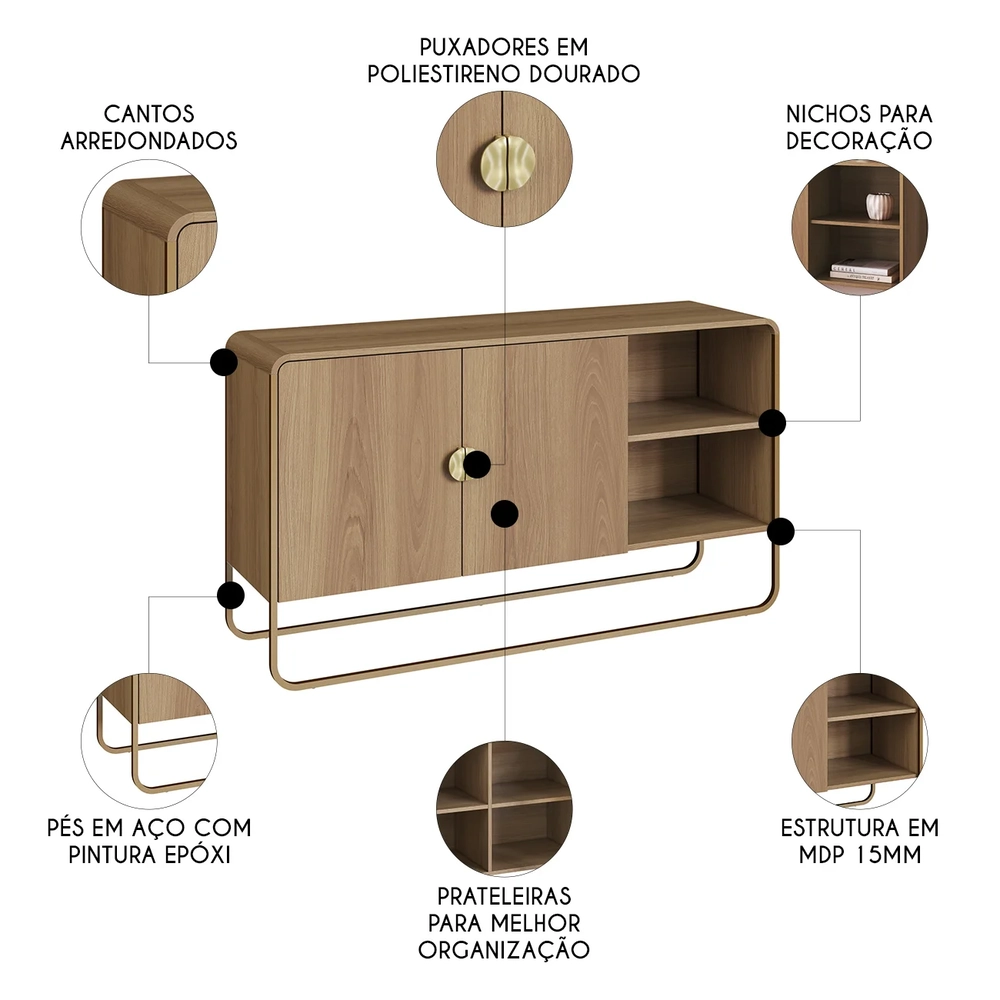 Buffet Aparador Para Sala 135cm 2 Portas Mario Hanover/Dourado A10 - Mpozenato