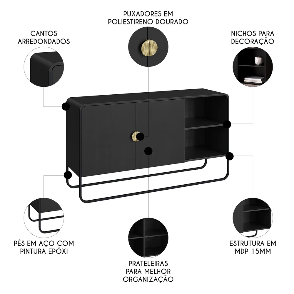 Buffet Aparador Para Sala 135cm 2 Portas Mario Nero/Preto A10 - Mpozenato