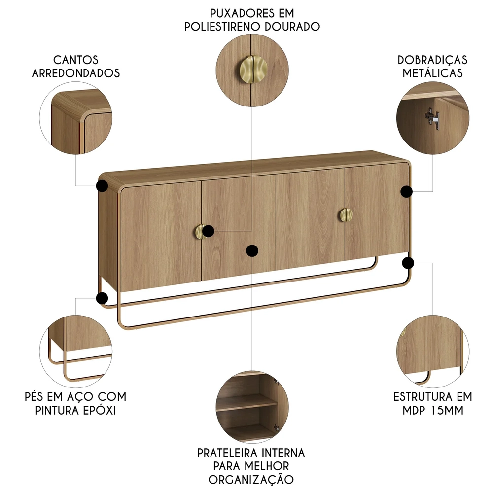 Buffet Aparador Sala 180cm 4 Portas Mario Hanover/Dourado A10 - Mpozenato