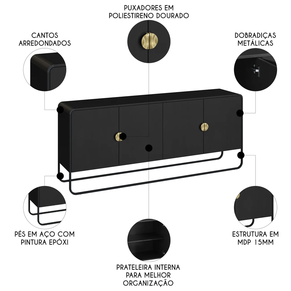 Buffet Aparador Sala 180cm 4 Portas Mario Preto/Nero A10    - Mpozenato