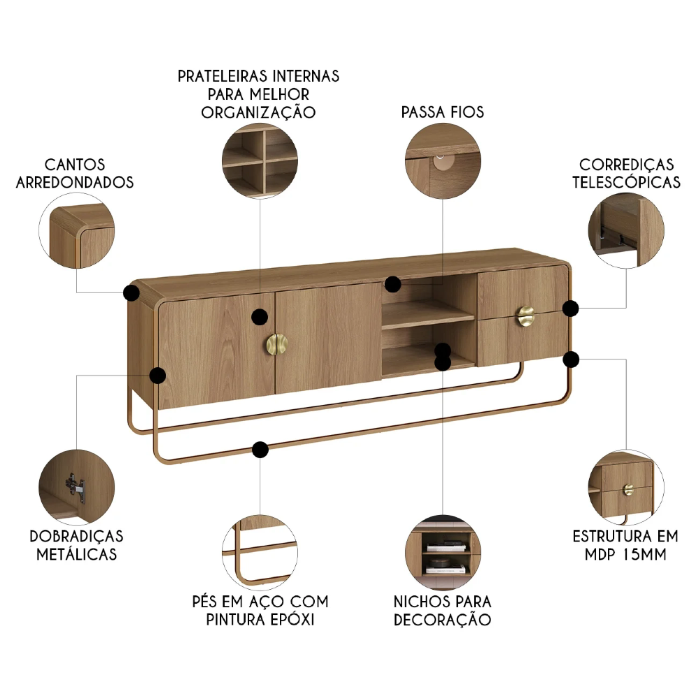 Rack Bancada Tv 70 Pol 180cm 2 Portas Mario Hanover/Dourado A10 - Mpozenato