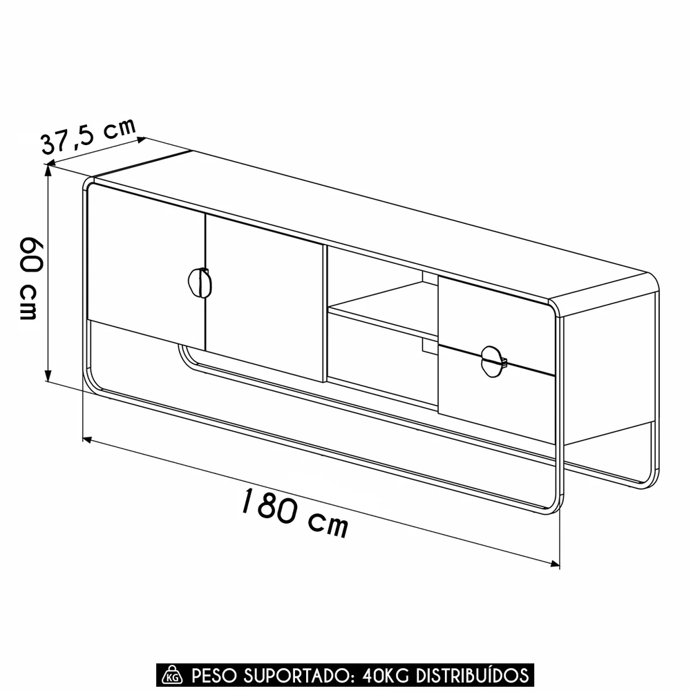 Rack Bancada Tv 70 Pol 180cm 2 Portas Mario Nero/Preto A10  - Mpozenato